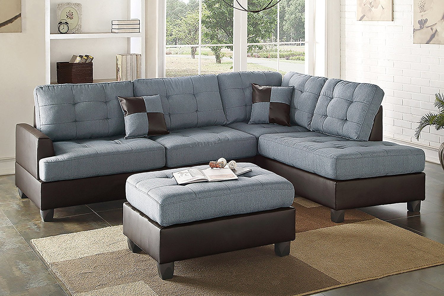 Modern Grey Linen-Like Fabric Reversible Sectional Sofa Chaise Ottoman Set with 2 Accent Pillows