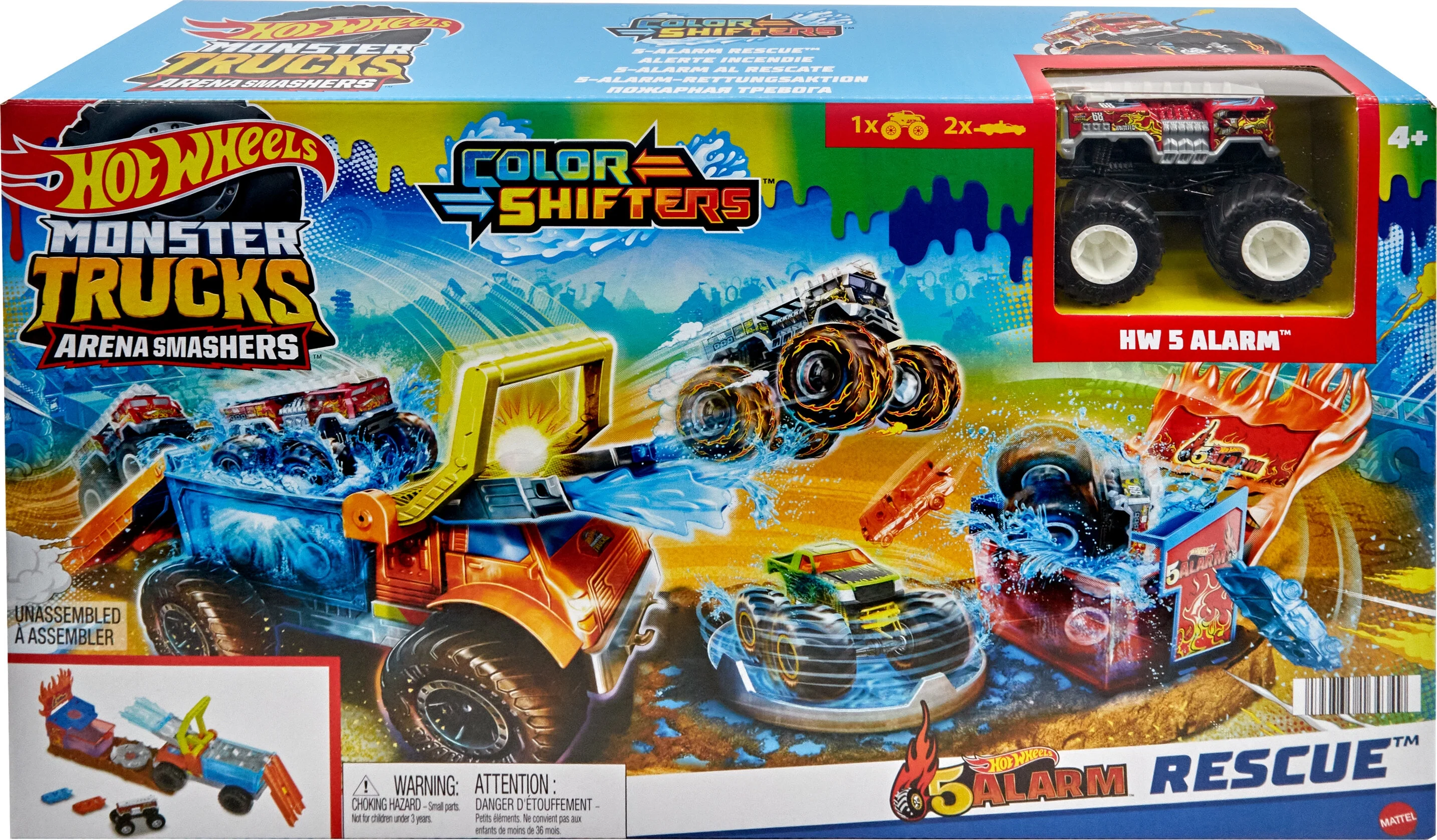 Hot Wheels Monster Trucks Arena Smashers Color Shifters 5-Alarm Rescue Playset, Ages 4 Years and Up