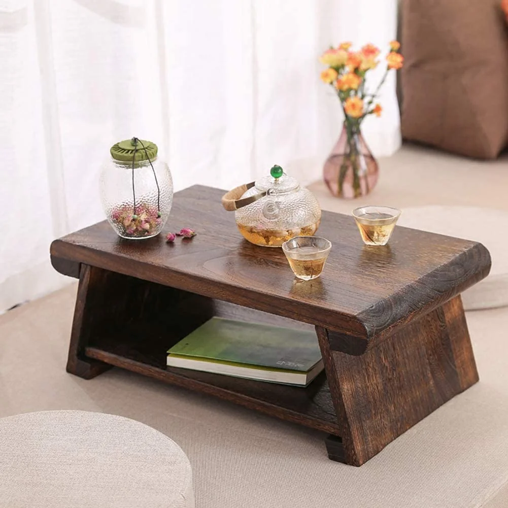 Japanese Antique Tea Table Folding Legs Asian Floor Low Tea Table Wood (Small: 60 x 35 x 24cmcm, ONE)