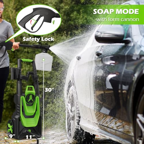 Pressure Washer with 35FT Power Cord 20FT Hose Electric Pressure Washers 4 Tips 500ML Foam Canno for Car, Patio