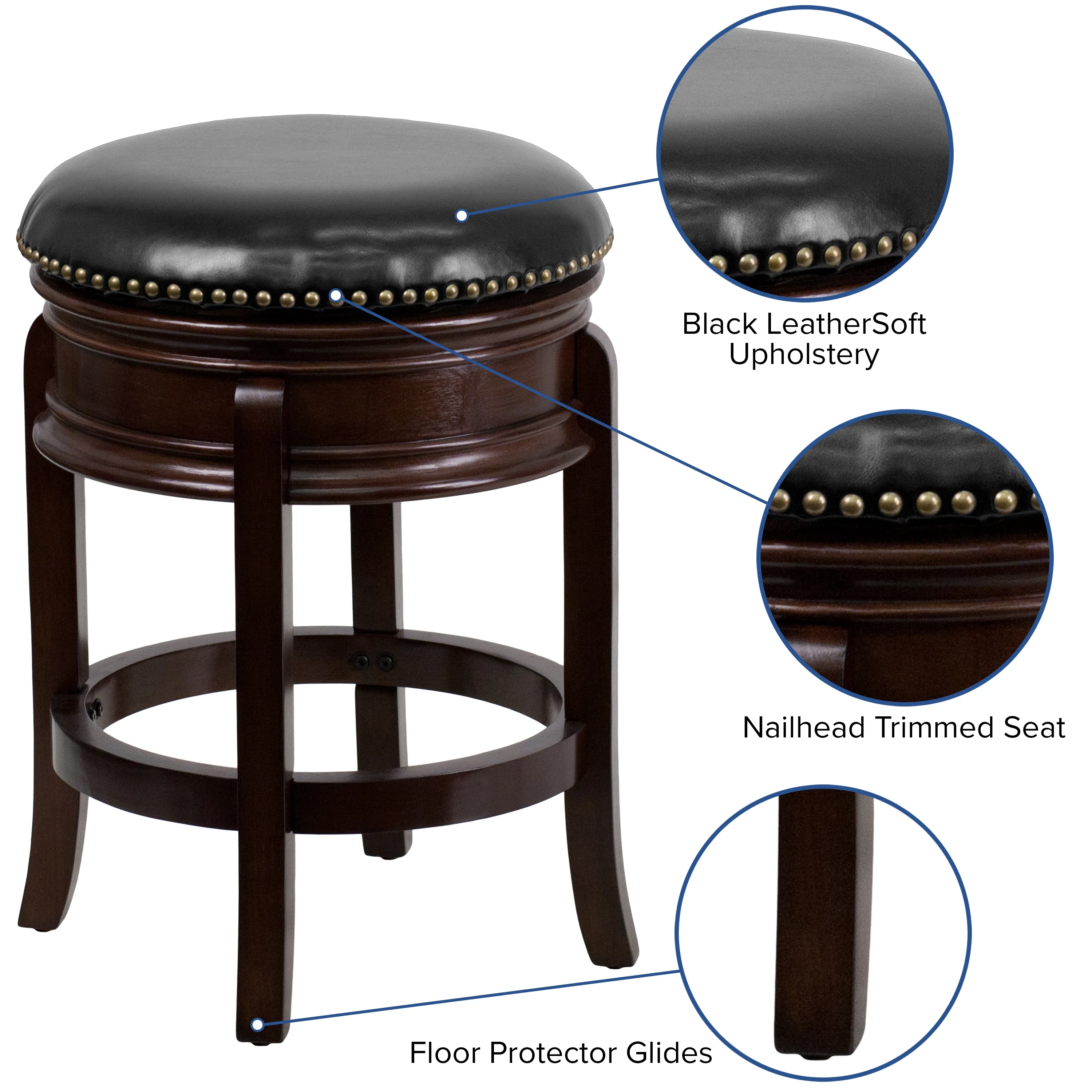 Flash Furniture Carol 24'' High Backless Cappuccino Wood Counter Height Stool with Carved Apron and Black LeatherSoft Swivel Seat