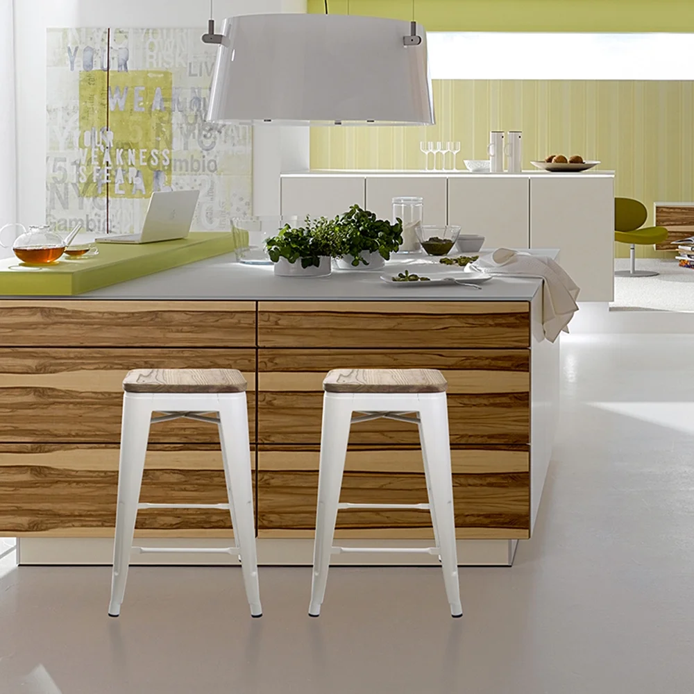 Leejay White 24 inch Counter Height Metal Barstools with Light Wood Seat, Set of 6