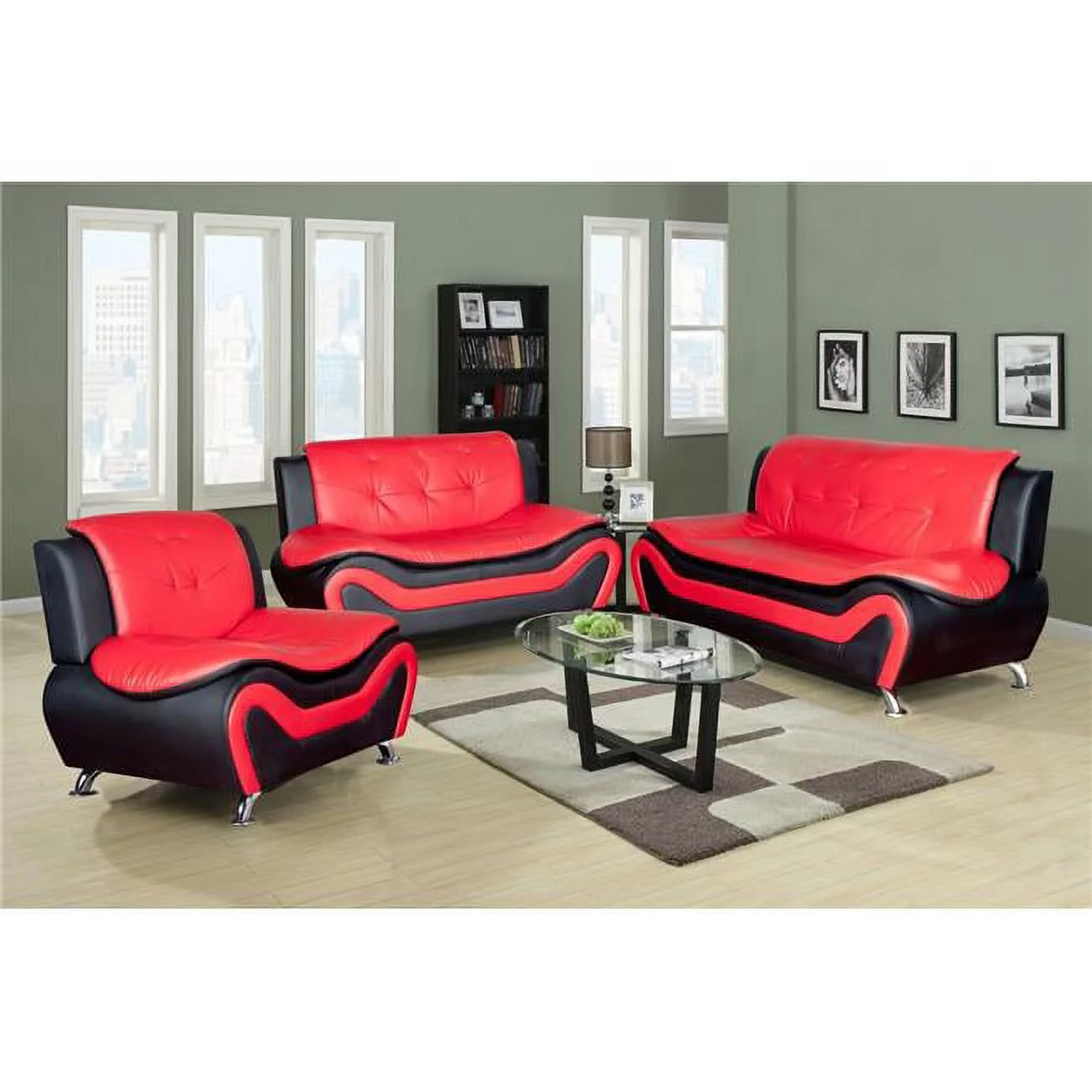 Faux Leather Living Room Sofa Set, Black & Red - 3 Piece