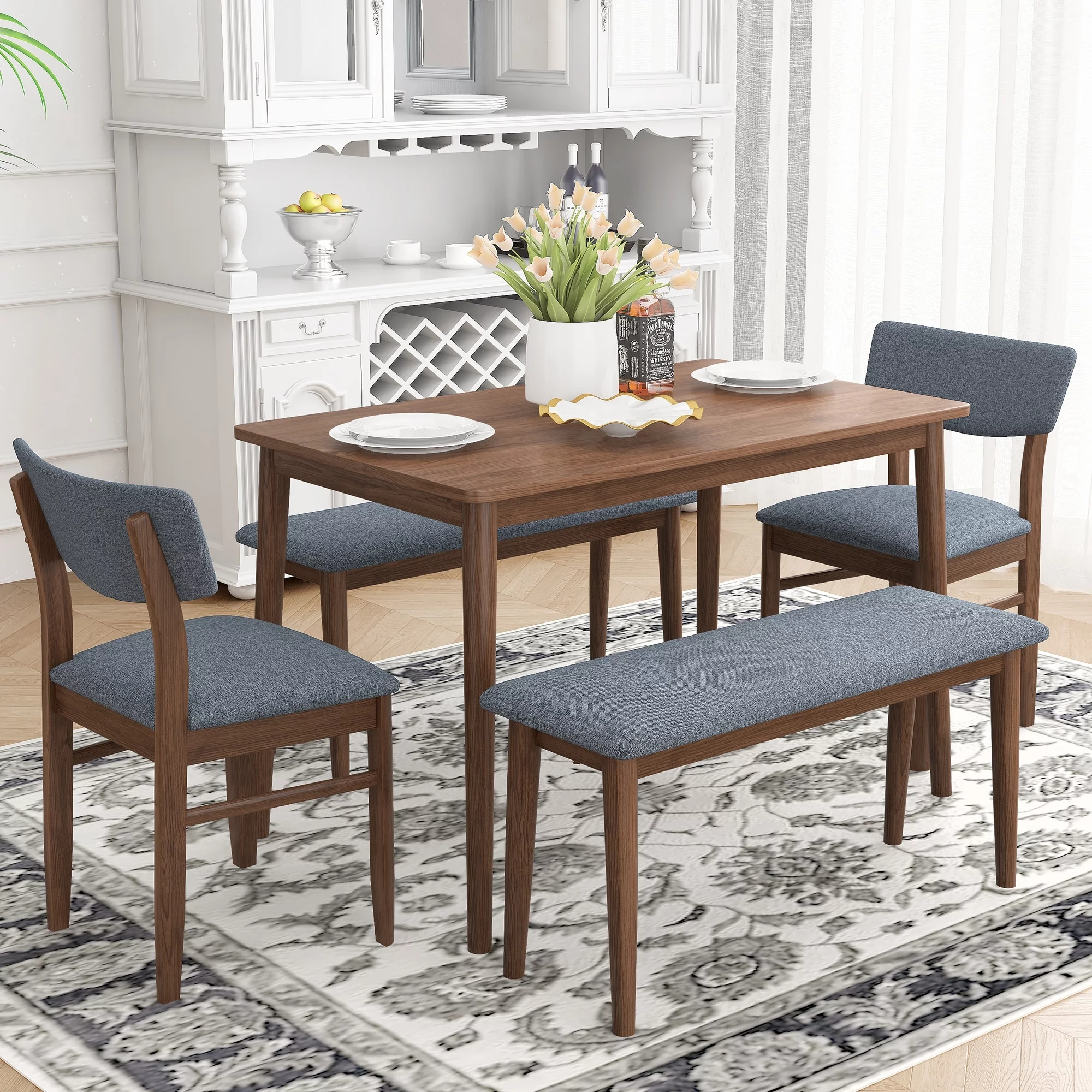Walnut Retro 5-Piece Dining Table Set with Rubberwood Frame Table and Grey Fabric Cushioned Chair, Space-Saving Design