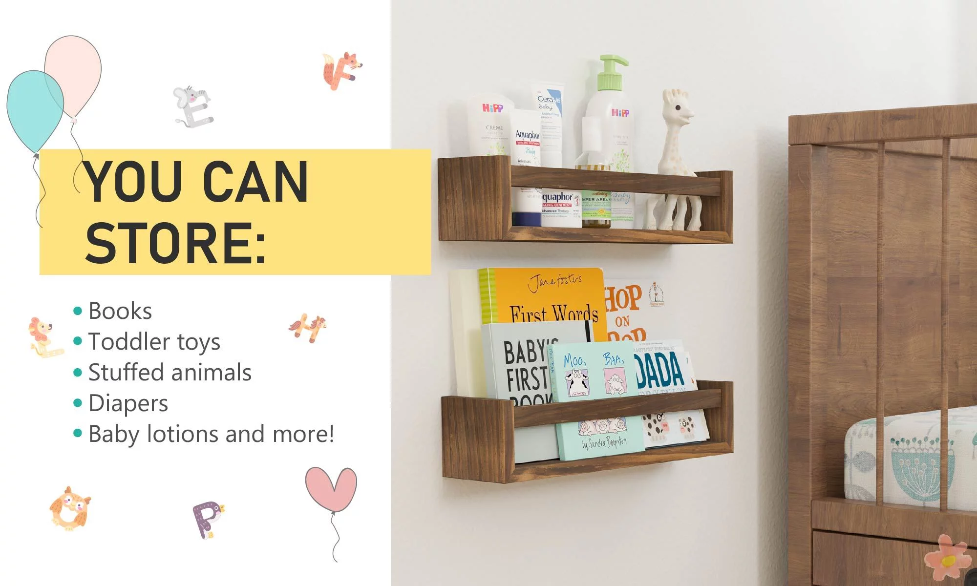 Wallniture Utah Nursery Organizer Shelf Kids Wall Bookcases Set of 2 Toy Storage Wood Shelves, Burnt Wash Brown