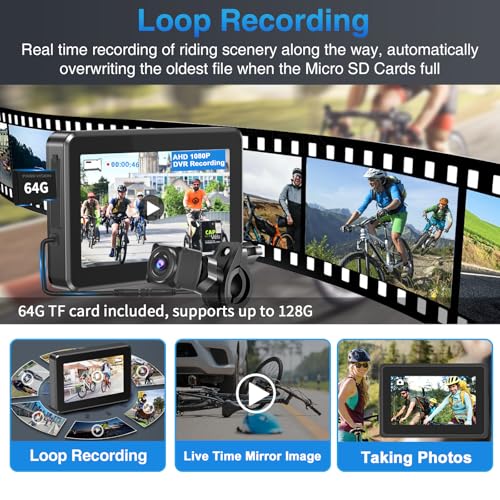 PARKVISION Bicycle Rear View Camera Recorder, 1080P Handlebar Bike Camera with 4.3'' HD Monitor, 64GB TF Card, 110° Angle View, 360°Rotatable Bracket, Backup/Front View Camera for Mountains,Ebikes