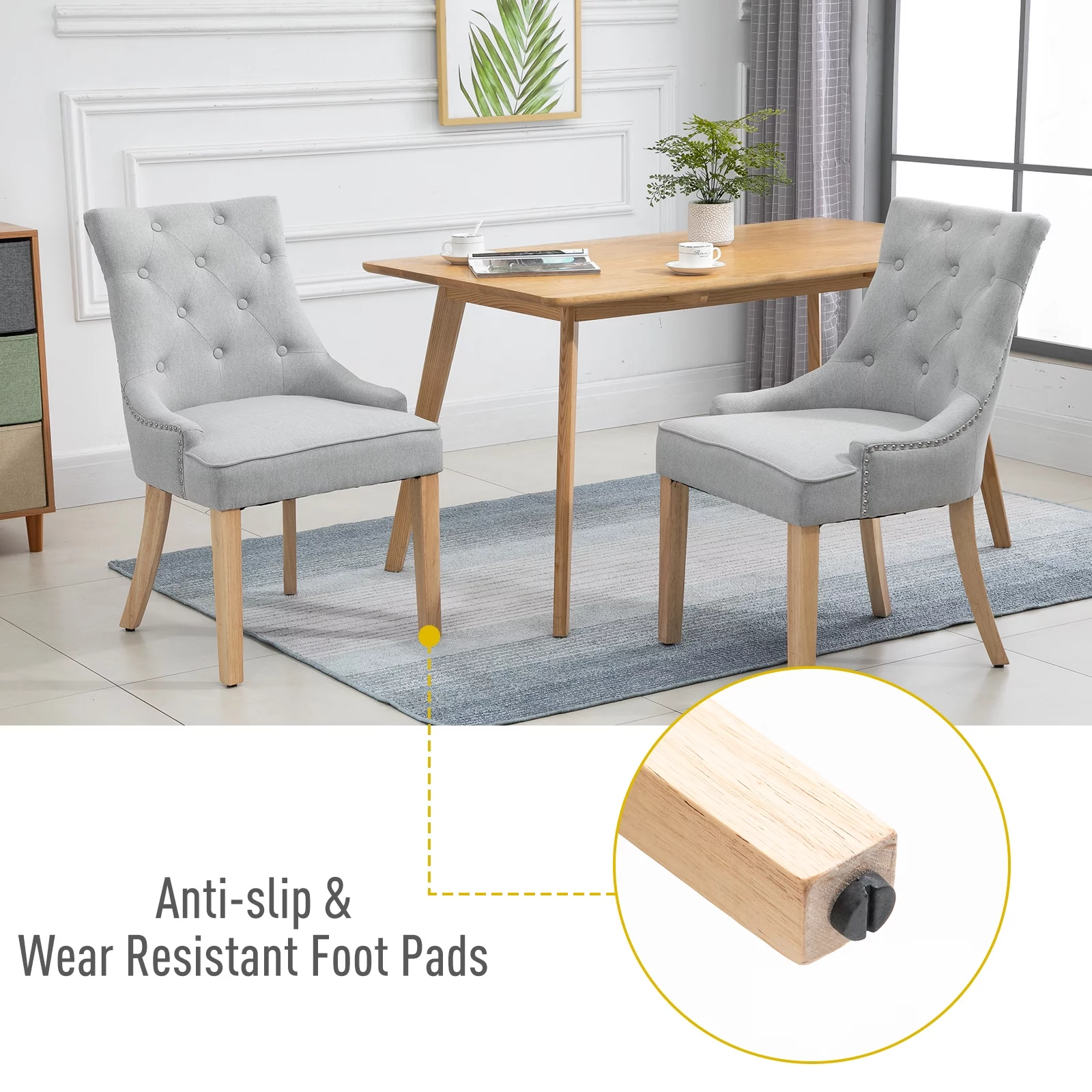 HOMCOM 2 Piece Fabric Dining Chairs Set of 2, Leisure Padded Accent Chair with Armrest, Solid Wooden Legs, Light Grey