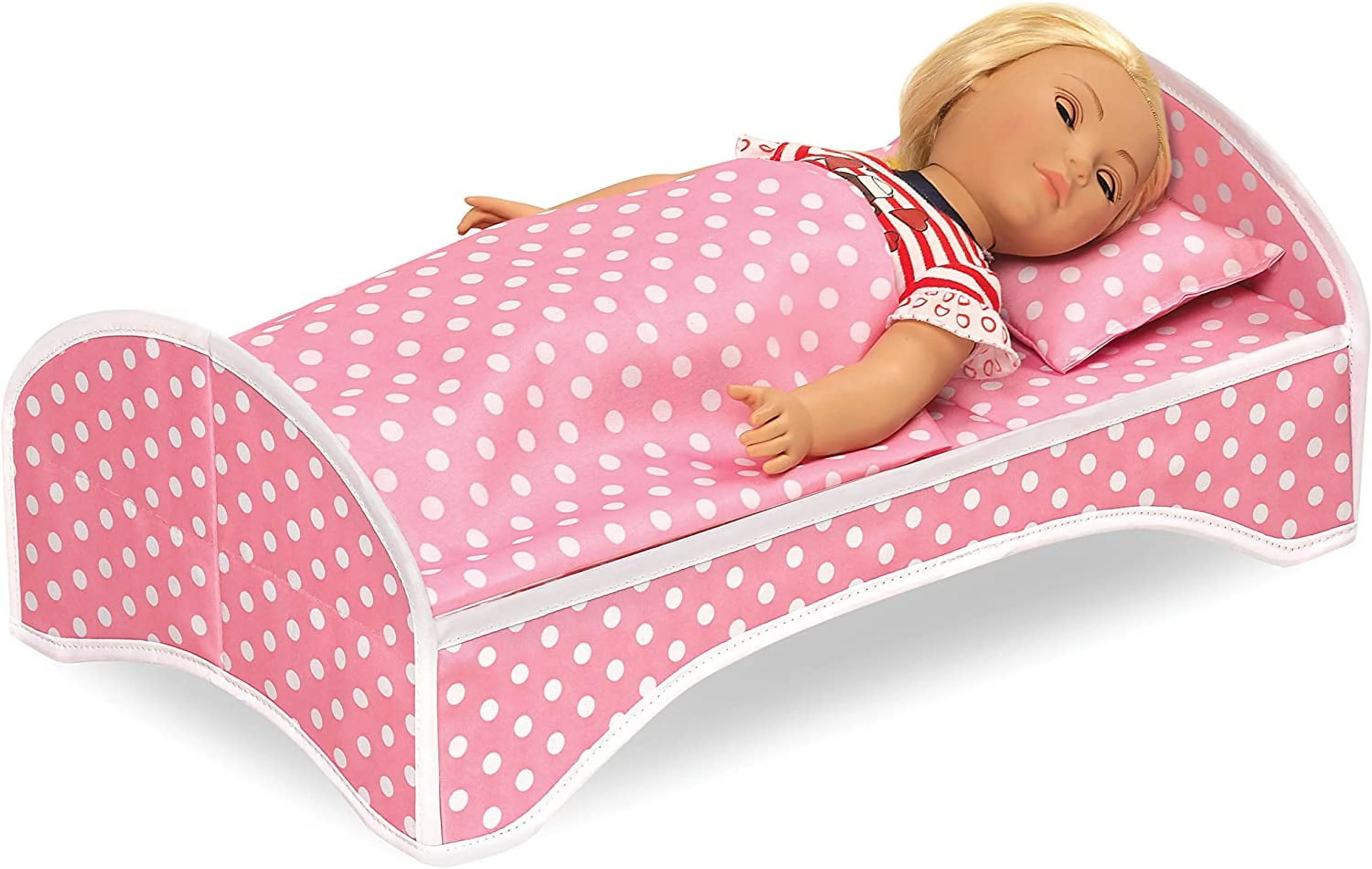 Badger Basket 3-in-1 Trolley Doll Carrier with Rocking Bed and Bedding - Pink/Polka Dot-Material:100% Polyester Fabric