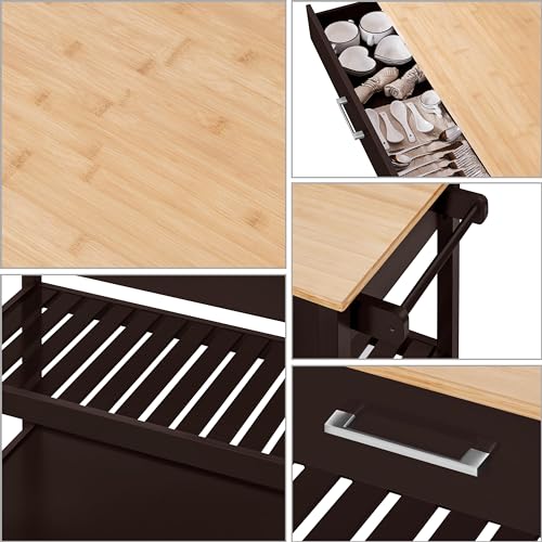 Yaheetech Kitchen Island Cart on Wheels with Bamboo Tabletop, 3-Tier Rolling Kitchen Island Microwave Cart with Drawer, Detachable Towel, 3 Hooks, 17