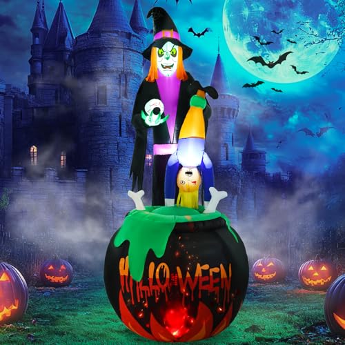 8ft Halloween Inflatables Witch Blowup Yard Decor with Built-in LED Lights Outdoor Decorations Scary Display for Holiday Party Garden Lawn Yard Porch Home Outside Indoor
