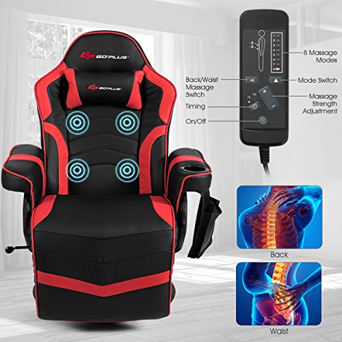 Goplus Massage Gaming Chair, Racing Style Gaming Recliner w/Adjustable Backrest and Footrest, Ergonomic High Back PU Leather Computer Office Chair Swivel Game Chair w/Cup Holder and Side Pouch