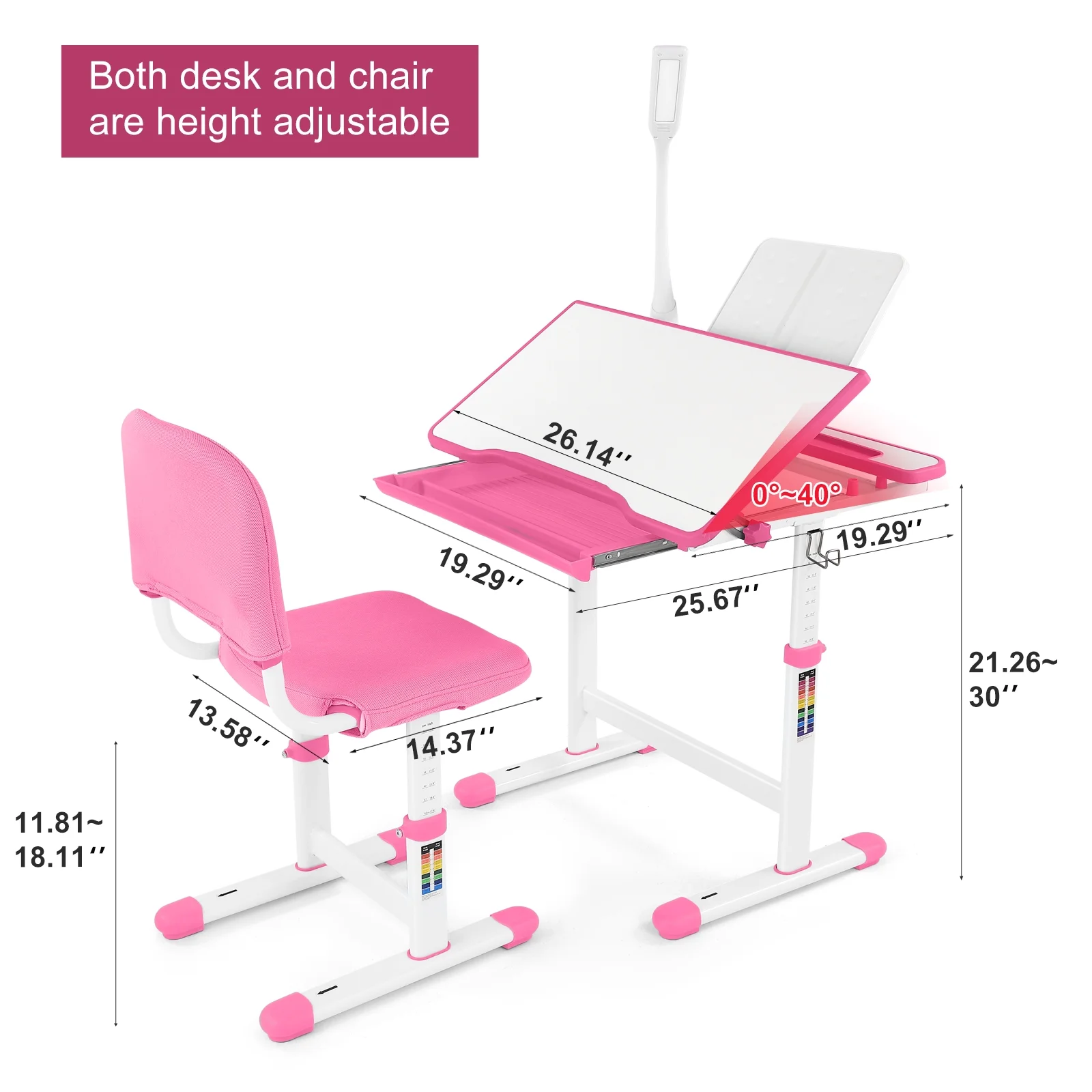 COSVALVE Height Adjustable Kids Study Desk & Chair Set Children Girl Table Large Writing Board Desk with LED Lamp,Drawer,Bookstand,Chair Cover(Pink)