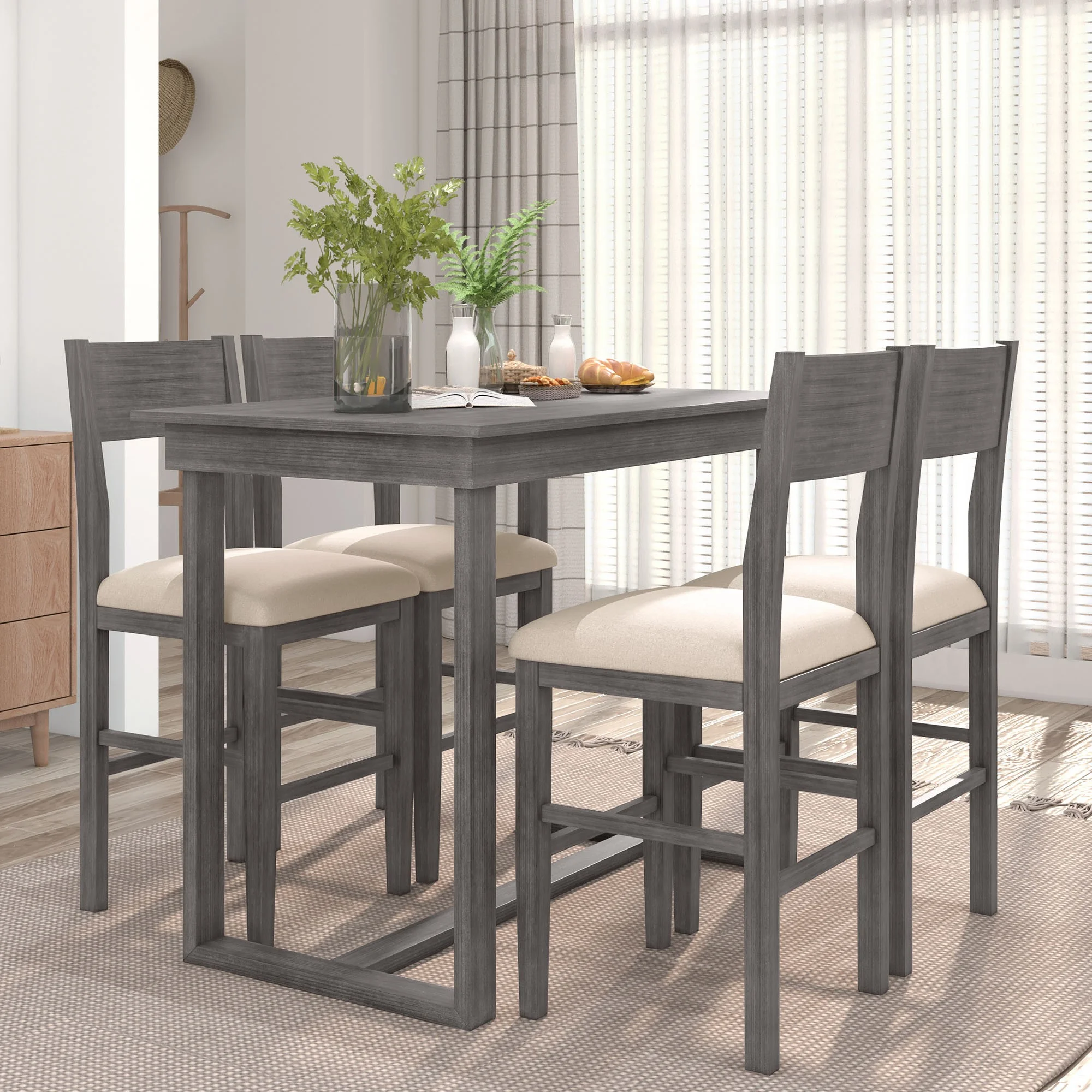 5-Piece Dining Set, Compact Counter Height 47-inch Rectangular Dining Table with Chair Set for Home, Apartment w/ 4 Chairs, Padded Seats & Backrests, Wooden Frame