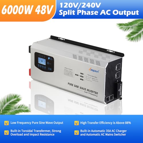 5000W Peak 15000watts Pure Sine Wave Power Inverter 24V DC to 120/240V AC Split Phase with Battery AC Charger,Off Grid Low Frequency Solar Inverter for Home