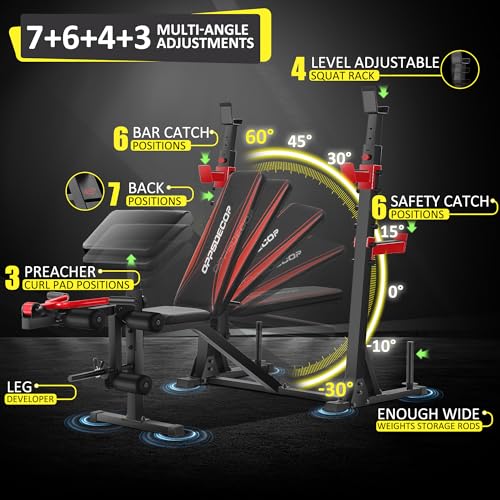 Professional Olympic Weight Bench Set with Squat Rack Adjustable Bench Press with Leg Extension and Curl Heavy-Duty Bench Press Preacher Curl Bench Full Body Workout Benches for Home Gym(US Stock)