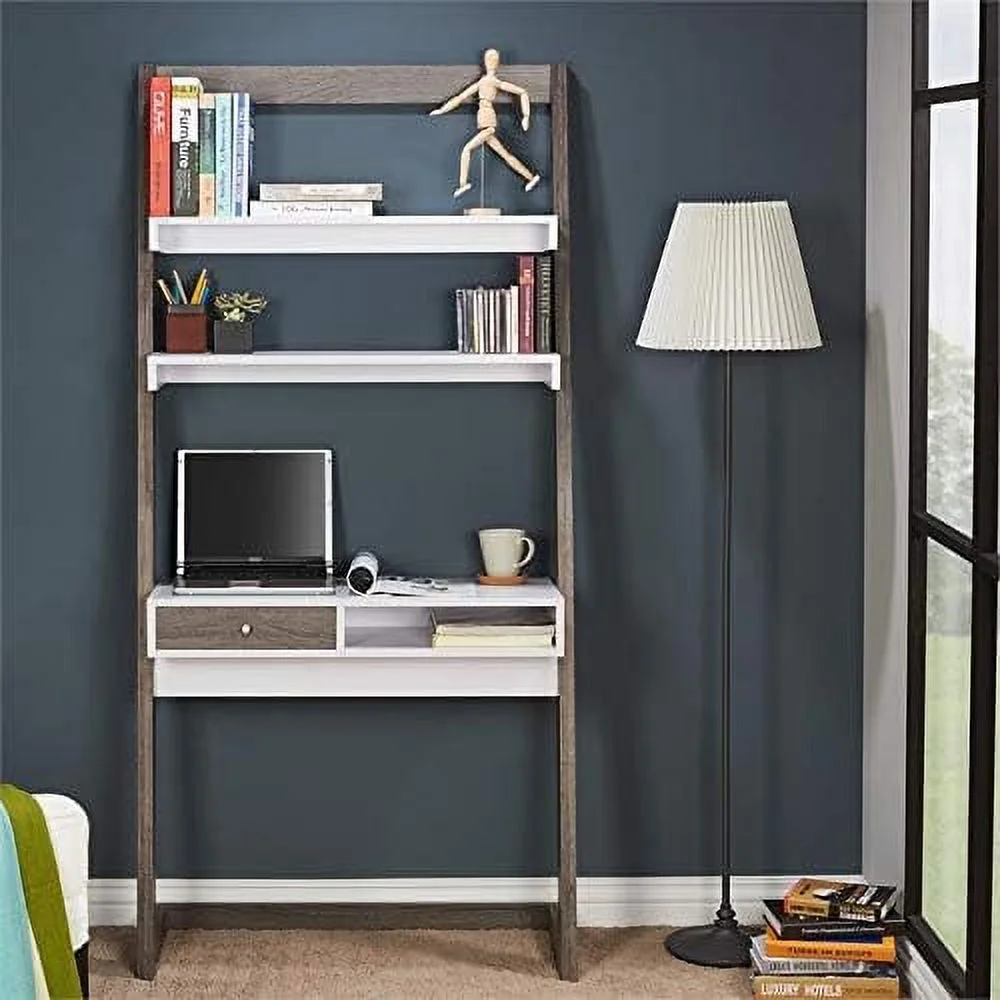 Lazlo Wood Writing Desk With Shelves In Distressed Gray