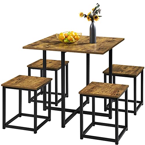 Yaheetech Industrial Dining Table Set for 4 Compact Kitchen Table and 4 Stools Space Saving Home Furniture for Small Space, Rustic Brown