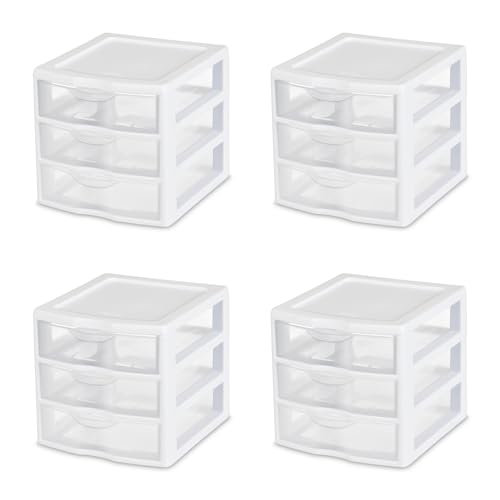 Sterilite 4-Pack 3 Drawer Unit, Plastic Desktop Organizer with Clear Drawers, White Frame - Stackable Multi-Purpose Storage for Office Supplies, Craft Rooms, Classrooms and Home Organization