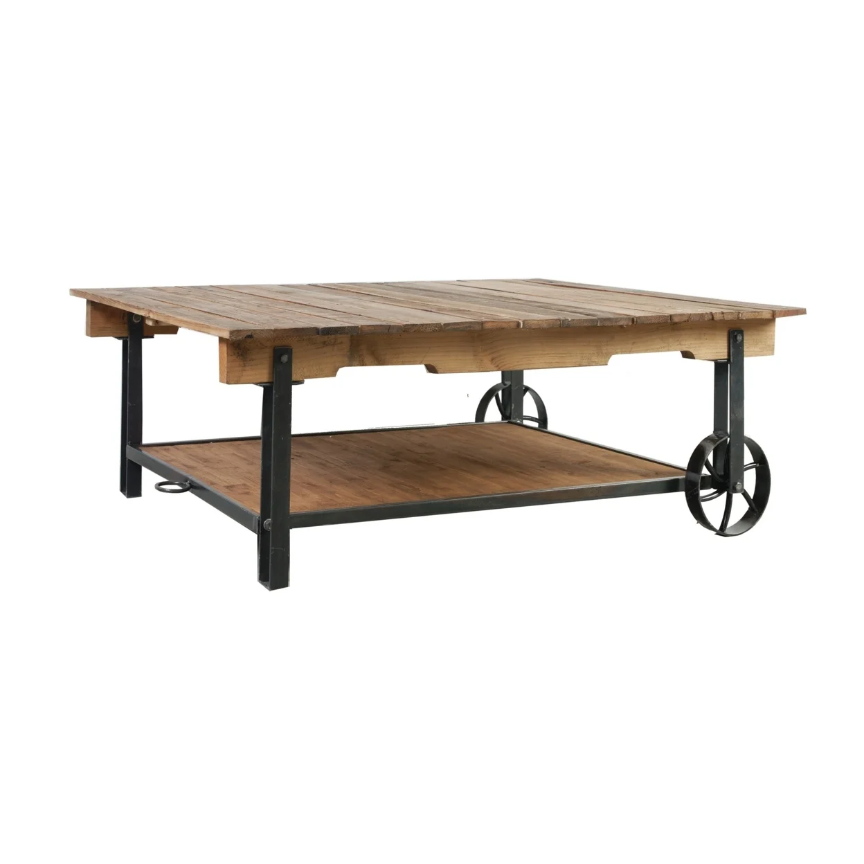 55 Inch Oversized Coffee Table, Fir Wood Plank Top, Wheels, Black, Brown- Saltoro Sherpi
