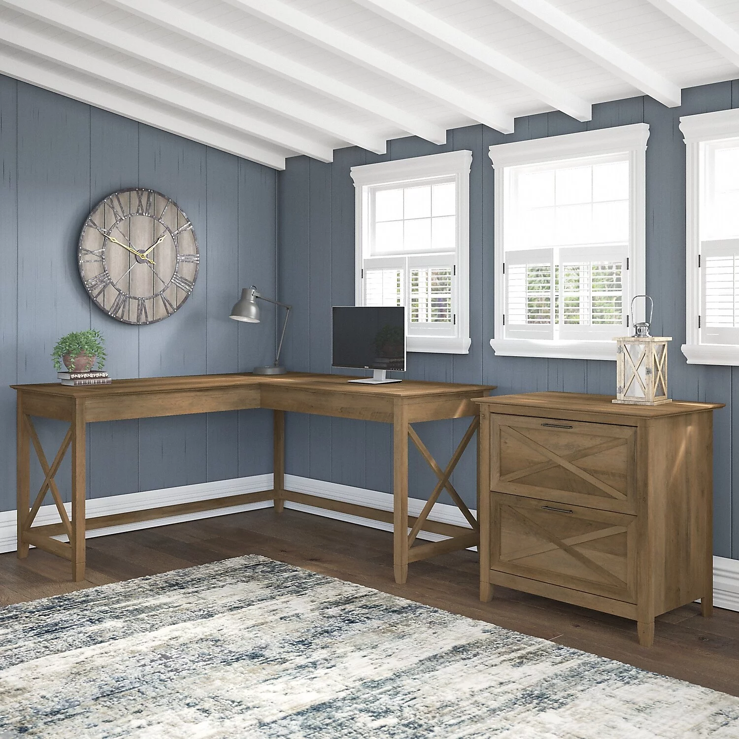 Key West L Desk with Lateral File Cabinet in Reclaimed Pine - Engineered Wood
