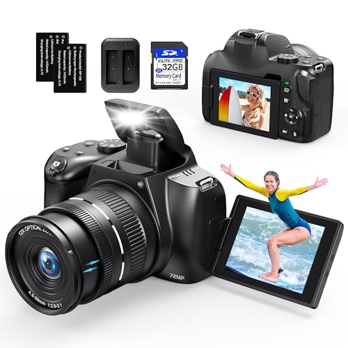 4K Digital Cameras for Photography, 12X Optical Zoom 72MP Vlogging Camera for YouTube with 270°Flip Screen, Autofocus & Anti-Shake Cameras, Wi-Fi & App-Controlled 4K Camera, 2 Batteries, 32GB SD Card