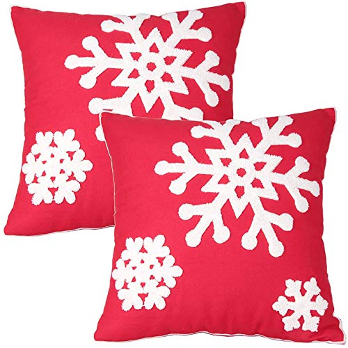 Elife 18x18 Soft Canvas Christmas Winter Snowflake Style Cotton Linen Embroidery Throw Pillows Covers w/Invisible Zipper for Bed Sofa Cushion Pillowcases for Kids Bedding (1 Pair, White)