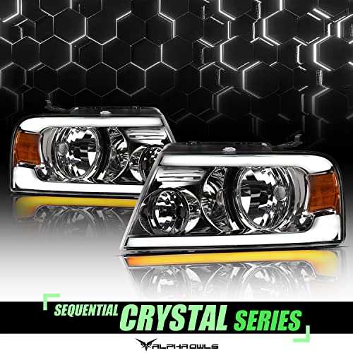 Alpha Owls 8711101 Full LED Projector Headlights With Switchback Sequential LED Light Bar & Startup Light - Chrome Amber Fits 2004-2008 Ford F150 / 2006-2008 Lincoln Mark LT