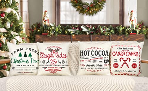 Farmhouse Christmas Pillow Covers 18x18 Set of 4 Winter Holiday Decorations Xmas Red White Rustic Throw Cushion Case for Sofa Couch Home Decor (Sleigh Rides, Farm Fresh Tree, Cocoa, Candy Canes)
