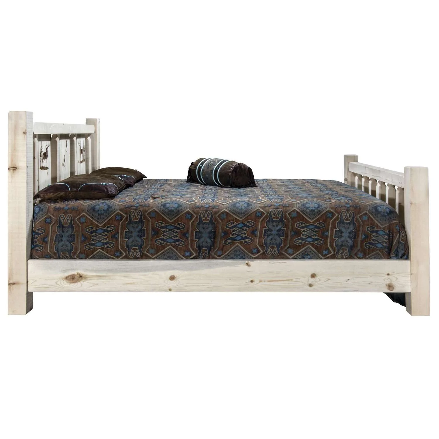 Homestead Collection Queen Bed w/ Laser Engraved Elk Design, Clear Lacquer Finish
