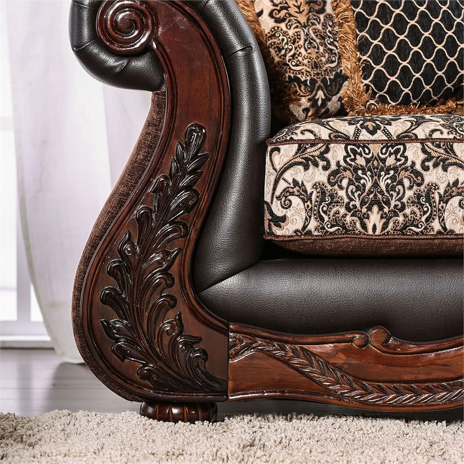 Furniture of America Conall Traditional Faux Leather Cushioned Loveseat in Brown