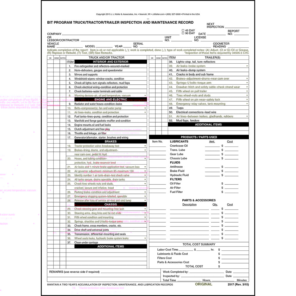BIT Program Tractor/Trailer/Truck Inspection & Maintenance Record Form 25-pk. - Snap-Out, 3-Ply, Carbon, 8.5