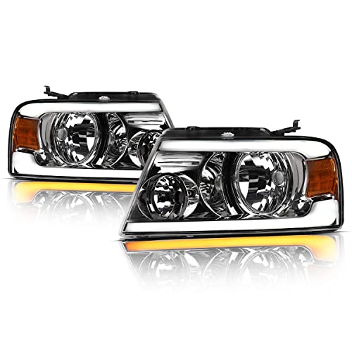 Alpha Owls 8711101 Full LED Projector Headlights With Switchback Sequential LED Light Bar & Startup Light - Chrome Amber Fits 2004-2008 Ford F150 / 2006-2008 Lincoln Mark LT
