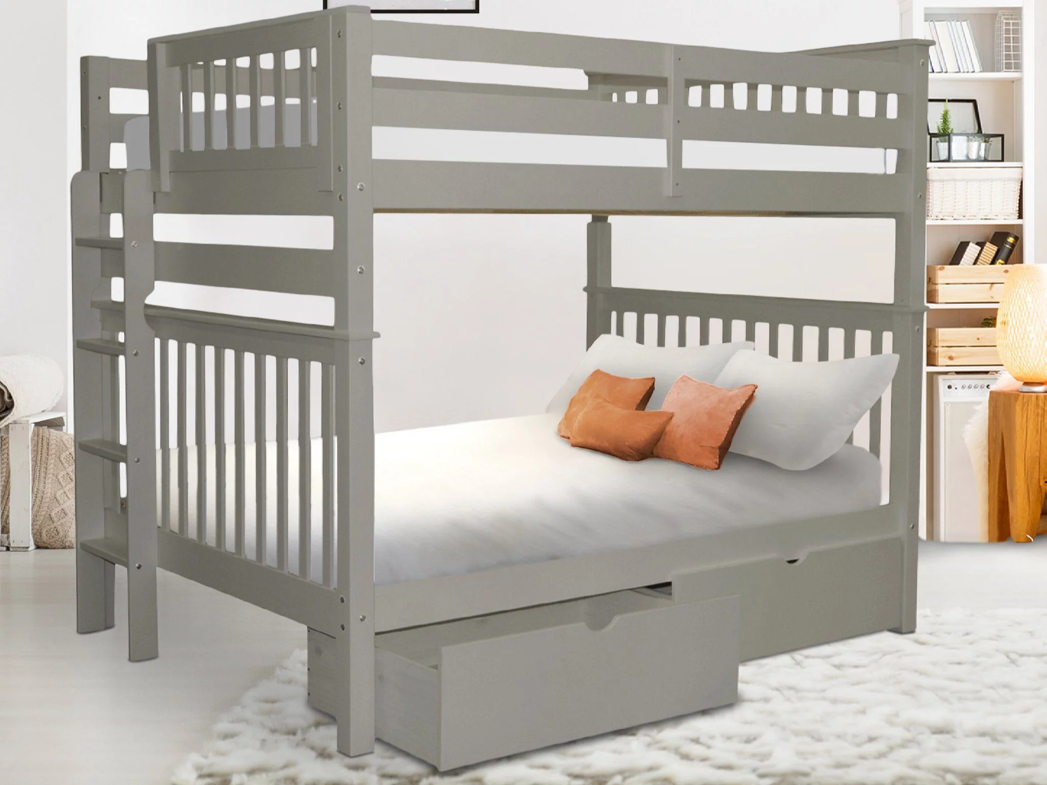 Bedz King Bunk Beds Full over Full Mission Style with End Ladder and 2 Under Bed Drawers, Gray