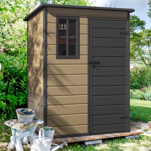 DWVO 5x3ft Resin Outdoor Storage Shed with Floor, Waterproof Lockable Storage Shed with Window, Plastic Outside Tool Storage for Garden, Backyard, Patio, Lawn, Gray