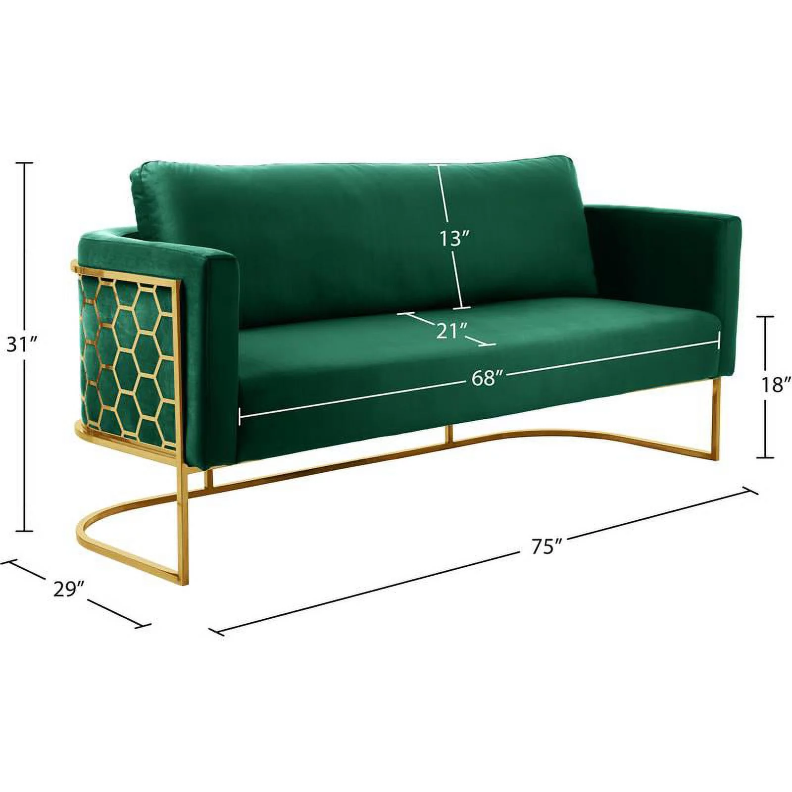 Meridian Furniture Casa Green Velvet Sofa with Gold Iron Metal Base