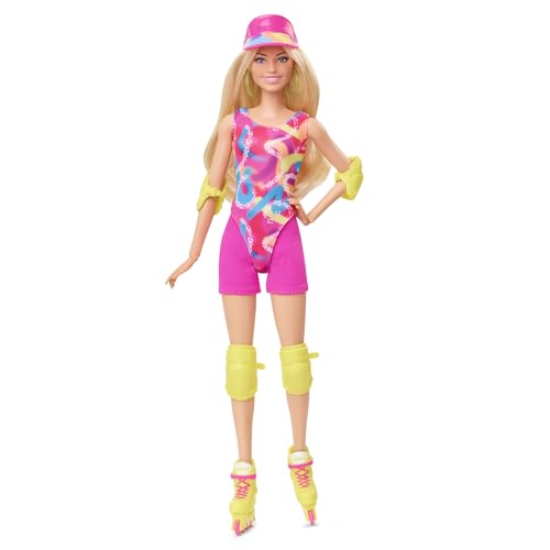 Barbie The Movie Margot Robbie - Skating Doll with Neon Outfit, Retro Gymnastics Suit, Pink Biker Shorts, Sun Shield, Neon Green Hoop Earrings, Skating Equipment, Impala Inline Skates, HRB04