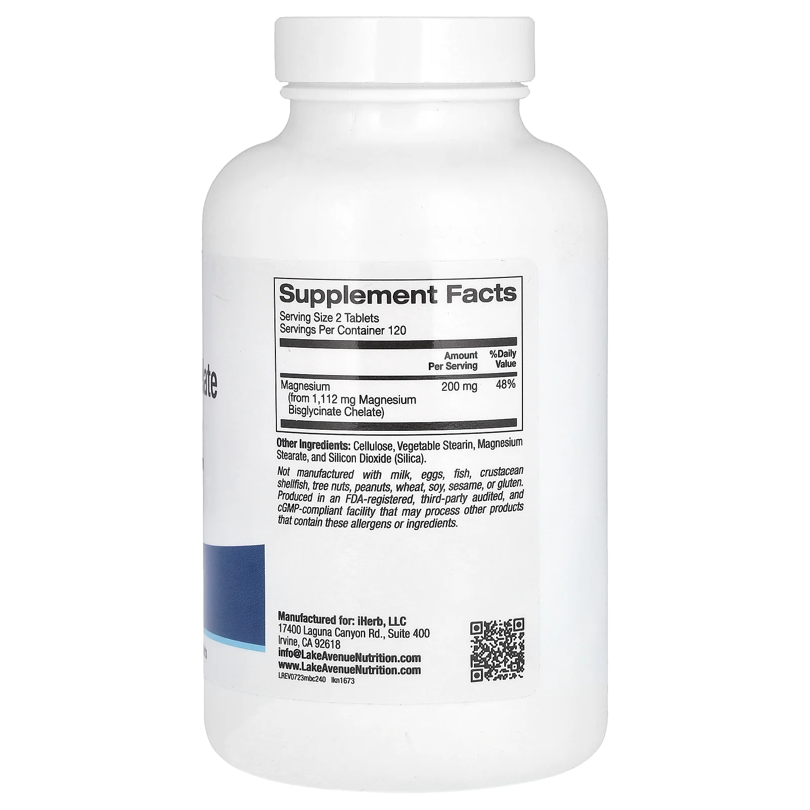 Lake Avenue Nutrition Magnesium Bisglycinate Chelate with TRAACS®, 200 mg, 240 Tablets (100 mg per Tablet)