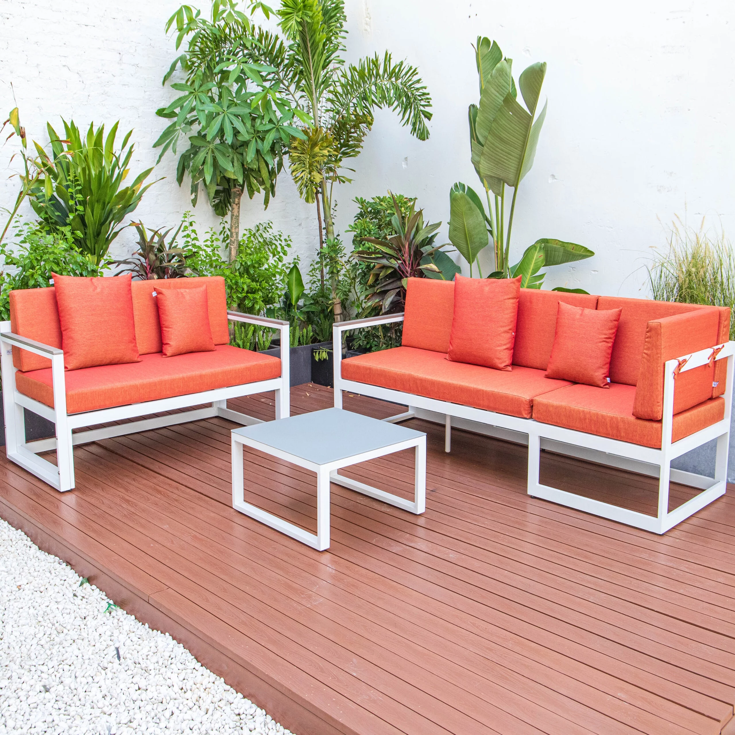 LeisureMod Chelsea White Sectional With Adjustable Headrest & Coffee Table With Cushions