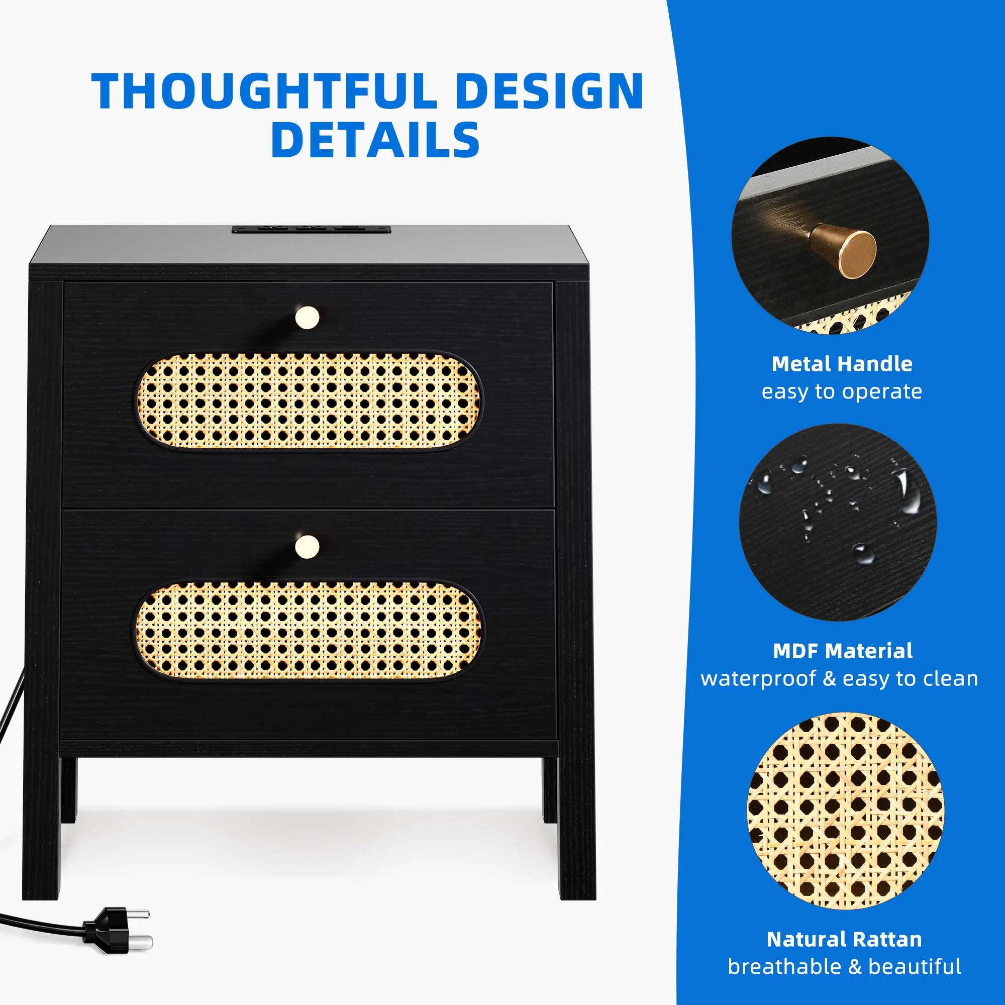 Dextrus Rattan Nightstand with Charging Station, Wood Bedside Table with Drawers, Black