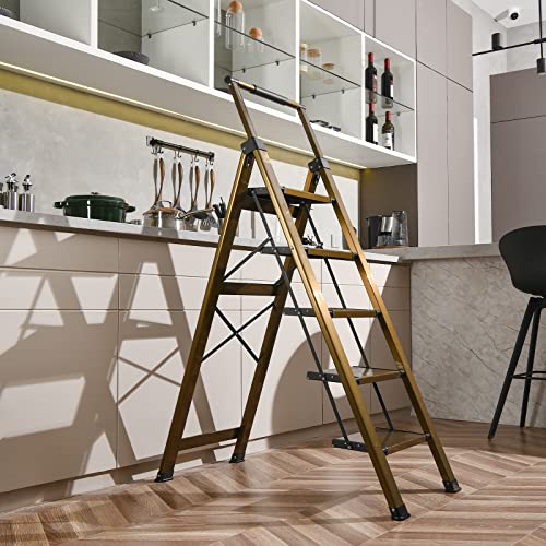 XinSunho 5 Step Ladder, Retractable Handgrip Folding Step Stool with Anti-Slip Wide Pedal, Aluminum Stool Ladders 5 Steps, 330lbs Safety Household Ladder