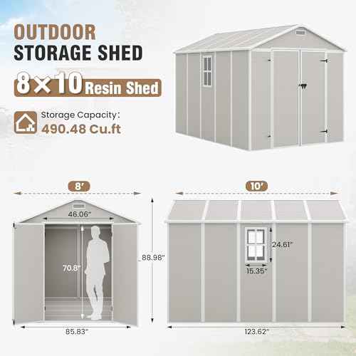 Outdoor Storage Shed, 6x6 FT Resin Shed with Floor and Lockable Door, Window, Vents, Tool Sheds and Outdoor Storage for Bike, Garden Accessories, Tools, Waterproof (Grey & White)