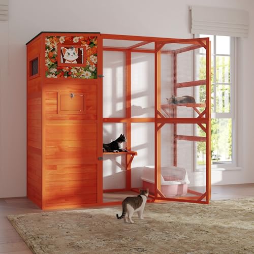 COZIWOW Large Wood Cat Catio, Outdoor Enclosure with Weatherproof Roof, 2 Resting Rooms, 2 Platforms, 4-Tier Cat Playpen, Orange