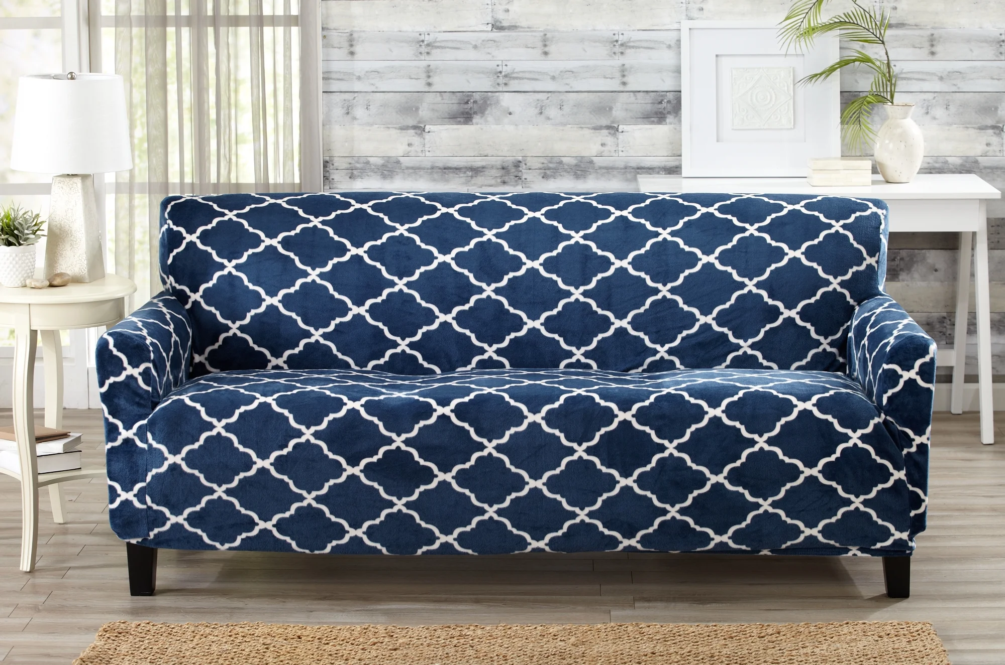 Great Bay Home Stretch Printed Velvet Plush Washable Sofa Slipcover  (Sofa, Lattice - Navy)