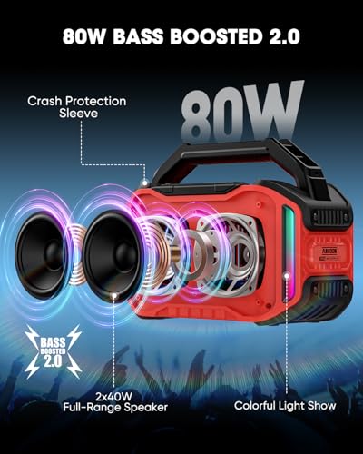 Speakers Bluetooth Wireless: 80W(Peak) Loud Speaker with Bass, 20H Playtime, IPX6 Waterproof, Large Jobsite Speakers for Work, Outdoor, Workshop, Garage, Portable Speaker with TWS (Black)