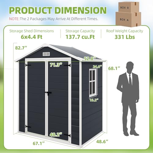 Outdoor Storage Shed 6x4.4FT, Resin Shed Plastic with Floor for Garden Tool,Waterproof Outdoor Resin Storage,Lockable Doors for Patio,Yard,Lawn (LightGray 6x4)