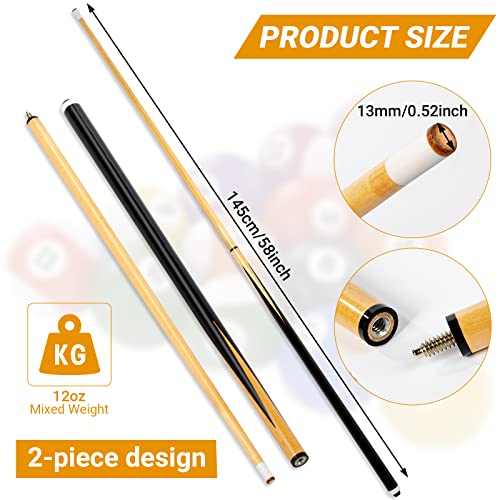 Wettarn 8 Sets Pool Sticks 2 Piece 58 Inch Bar Billiard Pool Cue Table 12 oz 13 mm Glue for Tips Hardwood Wooden Cue Sticks for Adults, Beginner, Father Day, Men, Player, Starter, Club, Party, Gift