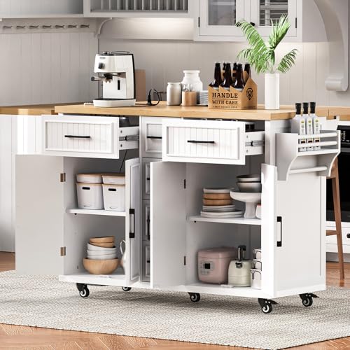 NIOIIKIT 56.5'' Kitchen Island with Drop Leaf, Rolling Trolley Island with Power Outlet (White)