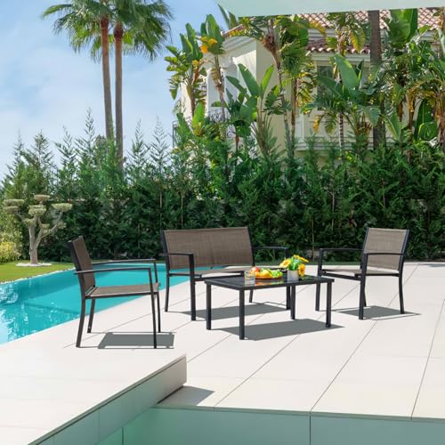 Devoko 4 Pieces Patio Furniture Set Outdoor Garden Patio Conversation Sets Poolside Lawn Chairs with Glass Coffee Table Porch Furniture (Black)