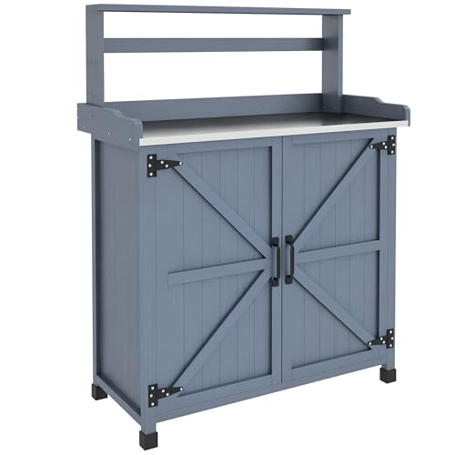 Outsunny Potting Bench, Outdoor Wooden Potting Table with Storage Cabinet with 2 Shelves, Garden Work Bench with Galvanized Plated Tabletop for Backyard, Balcony, Gray