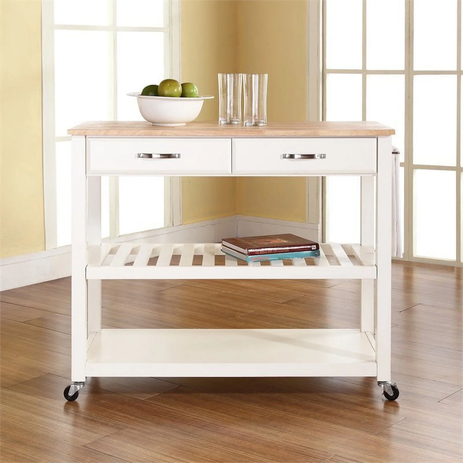 Bowery Hill 2-Drawer Wood Kitchen Cart Island in White/Natural